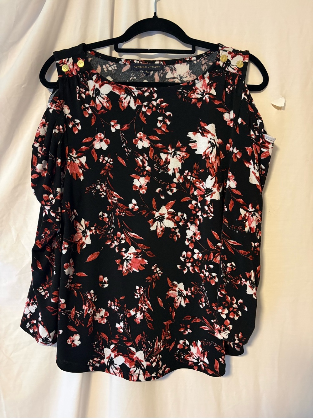 Adrienne Vittadini Black Floral Cold-Shoulder Blouse with Red & White Blossoms